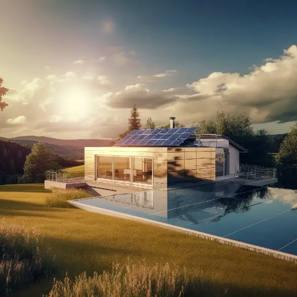 W tle piękny krajobraz górzysty, zachód słońca, na pierwszym planie nowoczesny budynek mieszkalny: duże okna, pięknyduży taras z wyjściem na podwórze porośnięte starannie przystrzyżoną trawą i instalacja fotowoltaiczna na dachu wykonana przez OZE BROKER